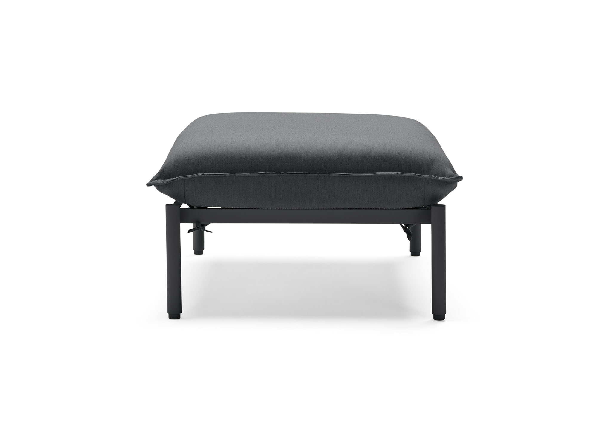 Vue de face du pouf extérieur avec coussins et pieds noirs